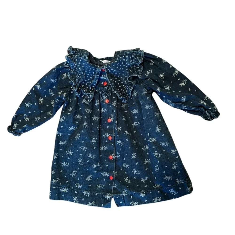 VTG 90’s. OshKosh B’Gosh Denim Dress Sz 3T Ruffle Collar Red Button Back Logo
